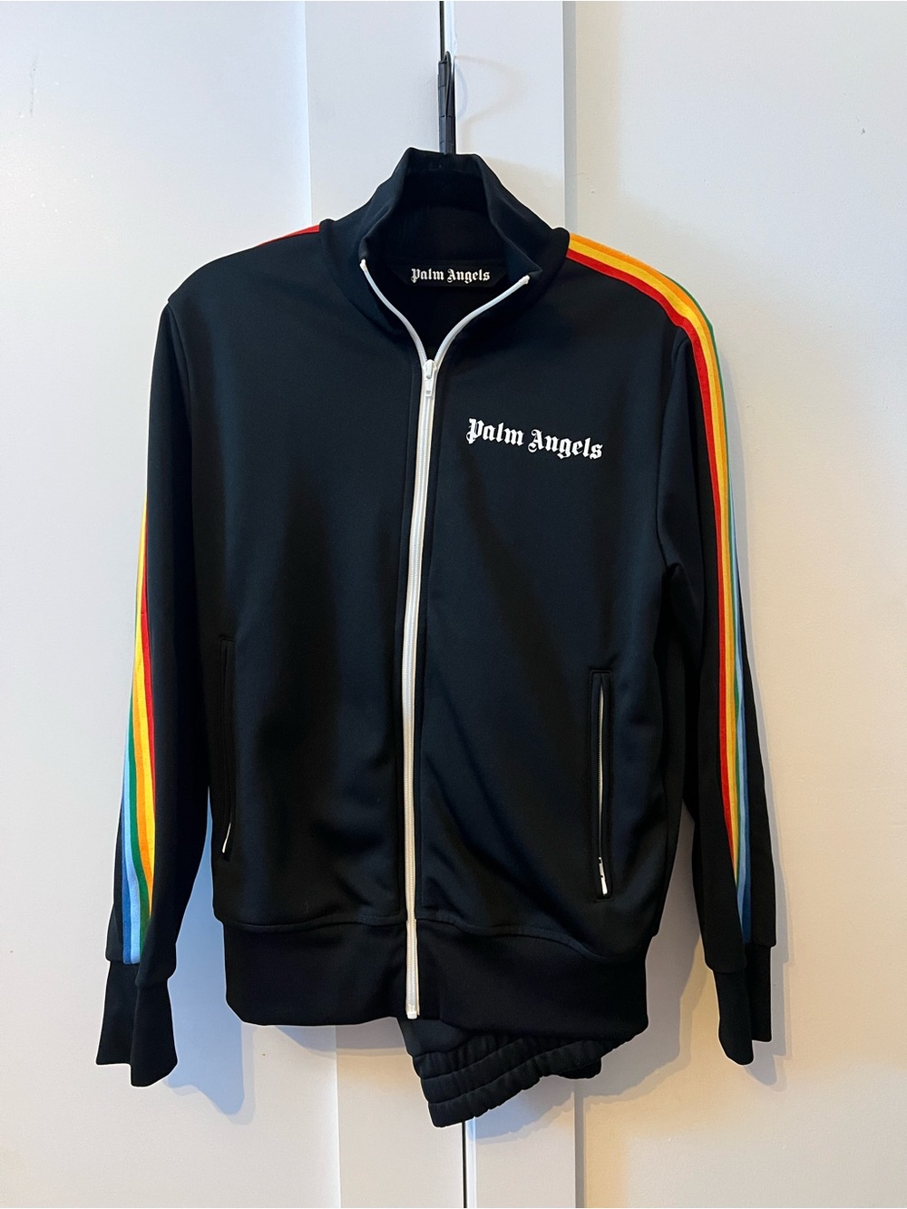 Palm Angels Set Black Track Jacket with Rainbow Sleeve Stripes